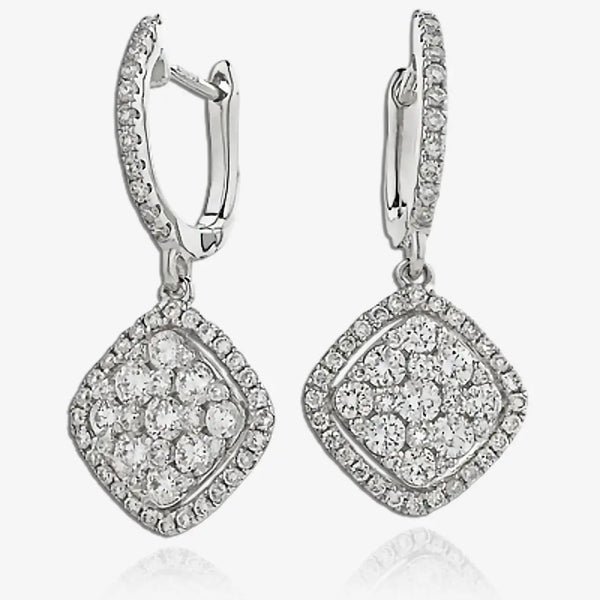 DIAMOND CLUSTER AND HALO DROP EARRINGS IN 18K WHITE GOLD HEERA DIAMONDS