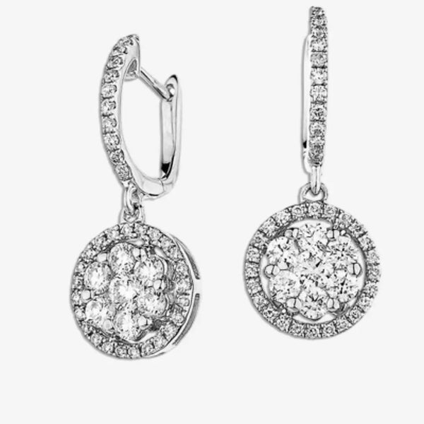 DIAMOND CLUSTER HALO DROP HOOP EARRING IN 18K WHITE GOLD HEERA DIAMONDS