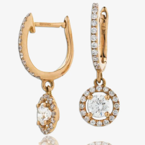 DIAMOND HALO DROP HOOP EARRINGS IN 18K ROSE GOLD HEERA DIAMONDS
