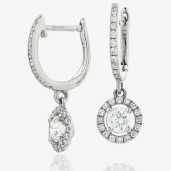 DIAMOND HALO DROP HOOP EARRINGS IN 18K WHITE GOLD HEERA DIAMONDS