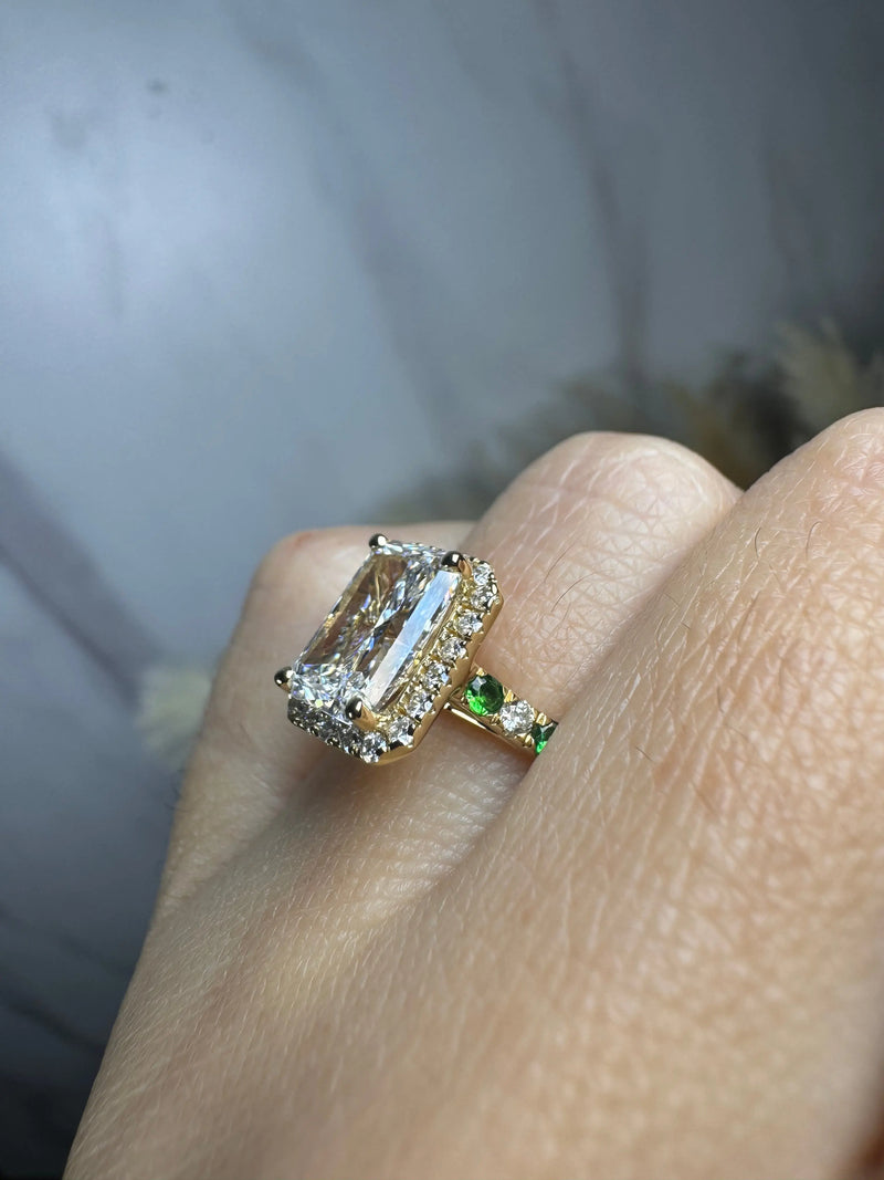 "Delanda" Halo Radiant Cut 4 Carat Diamond Shoulder Engagement Ring HEERA DIAMONDS