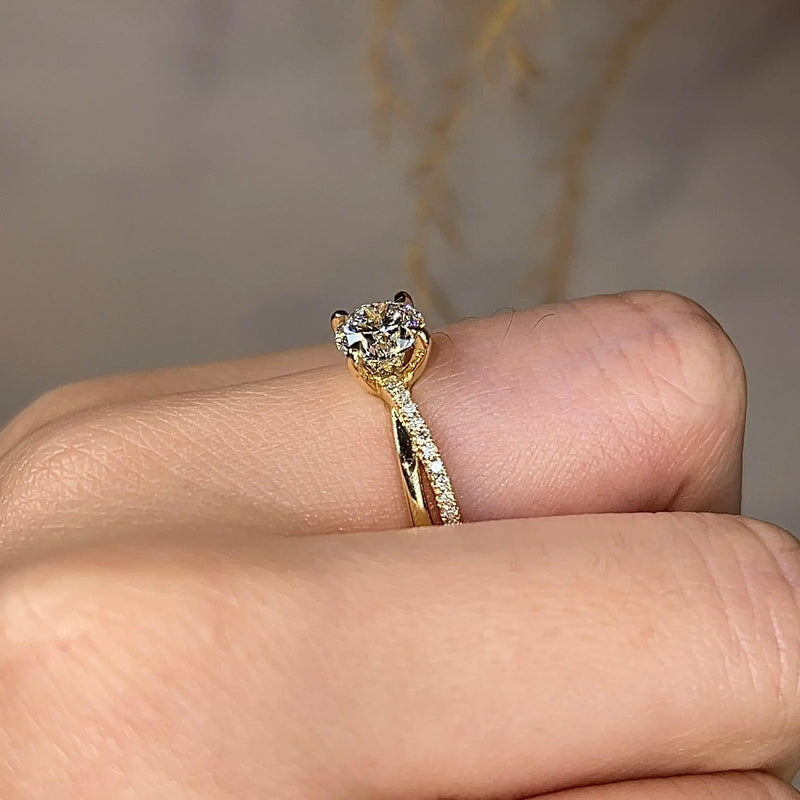"Diana" Round Brilliant Cut Crossover Diamond Shoulders Engagement Ring - HEERA DIAMONDS