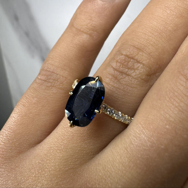 "Dorie" Blue Sapphire 4 Carat Under Halo Diamond Shoulder Gemstone Ring HEERA DIAMONDS