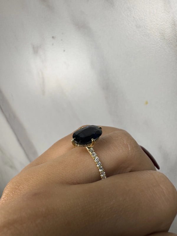 "Dorie" Blue Sapphire 4 Carat Under Halo Diamond Shoulder Gemstone Ring HEERA DIAMONDS