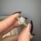 "Elaska" Emerald Cut 4 Carat Yellow Gold Diamond Shoulder Engagement Ring Life style- Front view