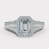"Elora" 1 Carat Octagon Halo Emerald Cut Diamond Split Diamond Shoulder Engagement Ring HAEC08