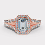 "Elora" 1 Carat Octagon Halo Emerald Cut Diamond Split Diamond Shoulder Engagement Ring HAEC08