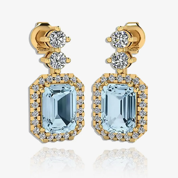 Emerald Cut 1 Carat Aquamarine Natural Diamond Halo Drop Earrings E1ECA HEERA GOLD