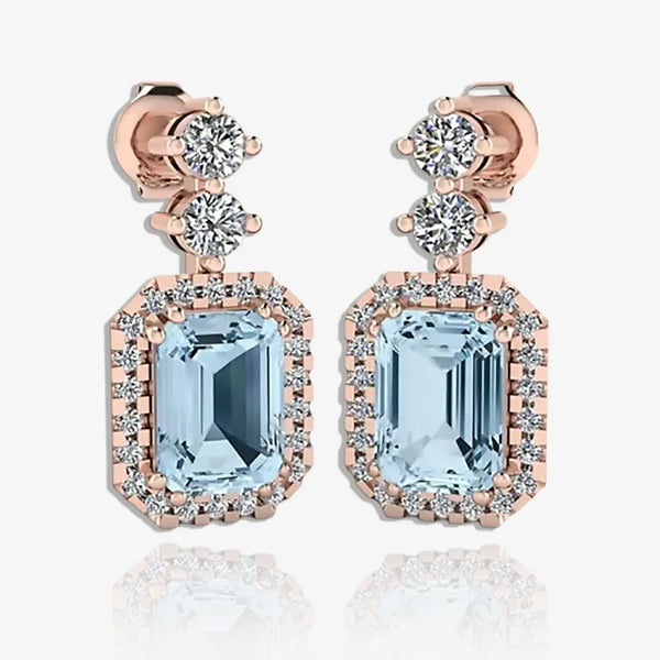 Emerald Cut 1 Carat Aquamarine Natural Diamond Halo Drop Earrings E1ECA HEERA GOLD