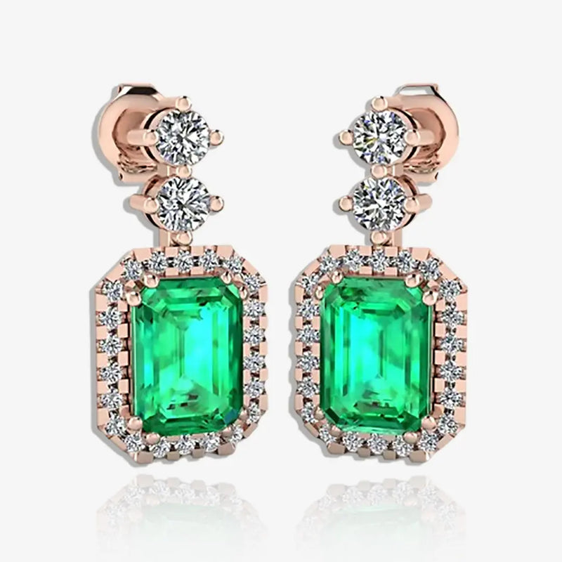Emerald Cut 1 Carat Emerald Natural Diamond Halo Drop Earrings E1ECE HEERA GOLD