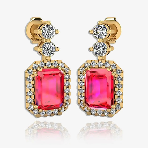 Emerald Cut 1 Carat Ruby Lab Grown Diamond Halo Drop Earrings E1ECR HEERA GOLD