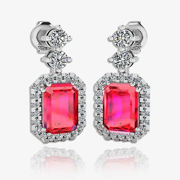 Emerald Cut 1 Carat Ruby Natural Diamond Halo Drop Earrings E1ECR HEERA GOLD