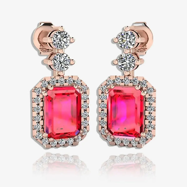 Emerald Cut 1 Carat Ruby Natural Diamond Halo Drop Earrings E1ECR HEERA GOLD