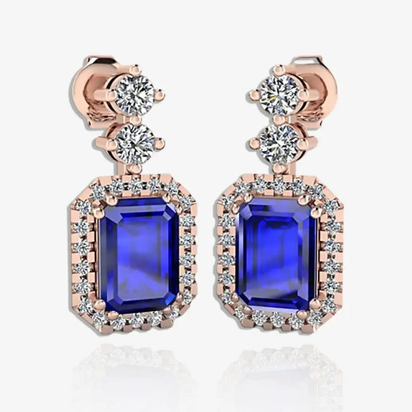 Emerald Cut 1 Carat Sapphire Natural Diamond Halo Drop Earrings E1ECS HEERA GOLD