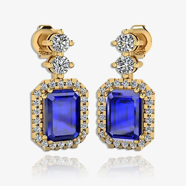 Emerald Cut 1 Carat Sapphire Natural Diamond Halo Drop Earrings E1ECS HEERA GOLD