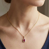 Emerald Cut Ruby Pendant with Diamond Halo With Chain