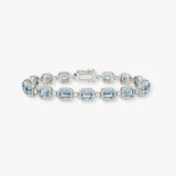 Emerald Shape 11 Carat Aquamarine Tennis Bracelet Featuring Diamond Halo BRHAEC