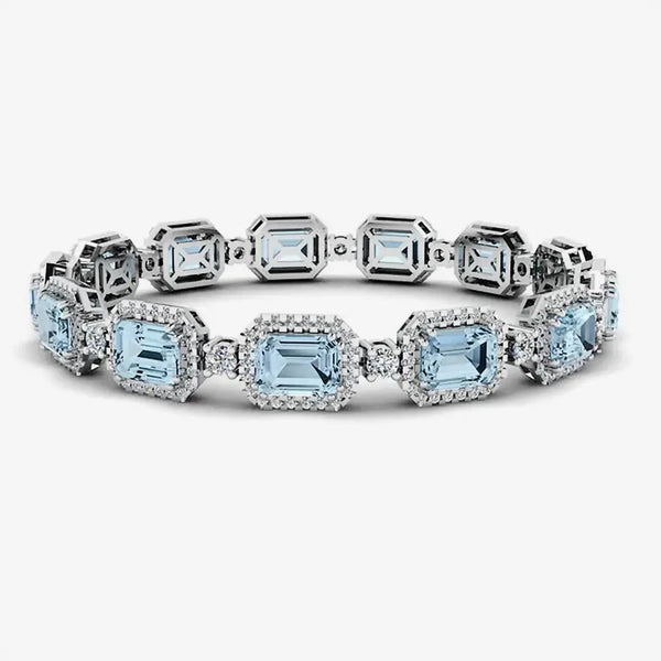 Emerald Shape 14 Carat Aquamarine Center Featuring Diamond Halo Bracelet BRHAEMA HEERA DIAMONDS