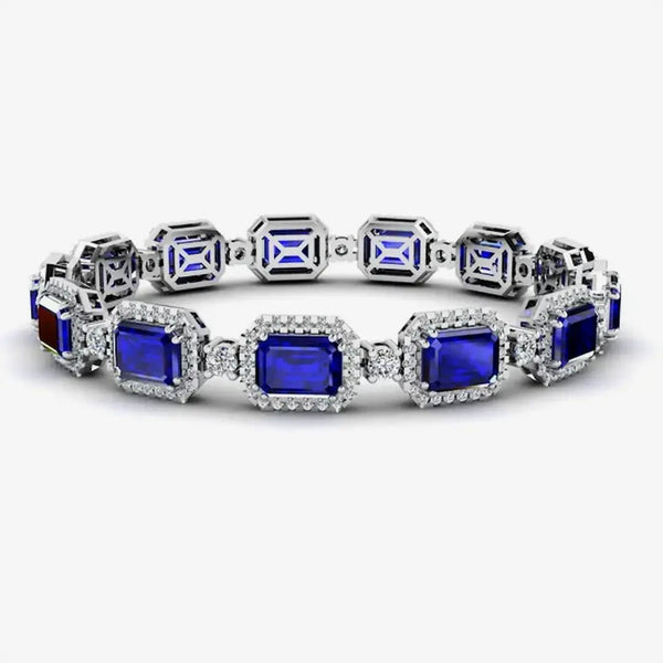 Emerald Shape 14 Carat Sapphire Center Featuring Diamond Halo Bracelet BRHAEMS HEERA DIAMONDS