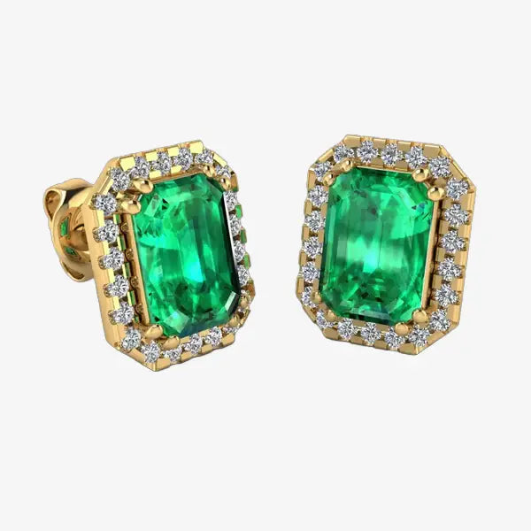 Emerald and Diamond Halo Stud Earrings - EHAEE HEERA GOLD