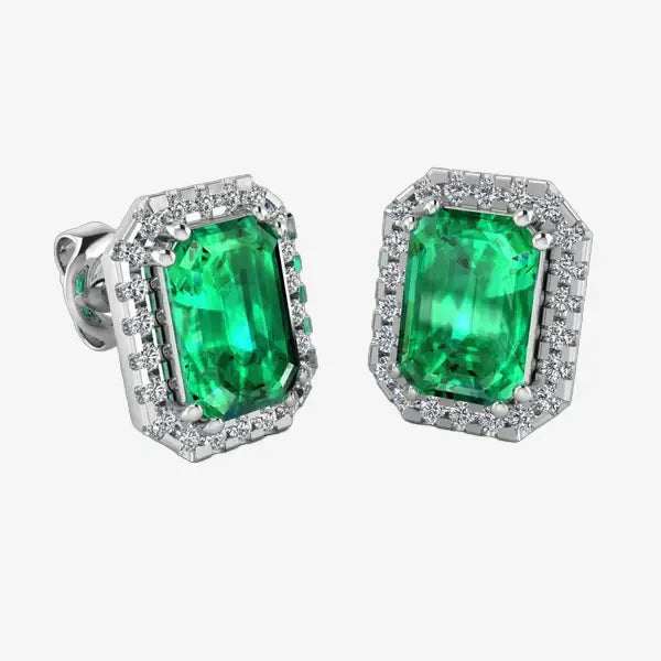 Emerald and Diamond Halo Stud Earrings - EHAEE HEERA GOLD