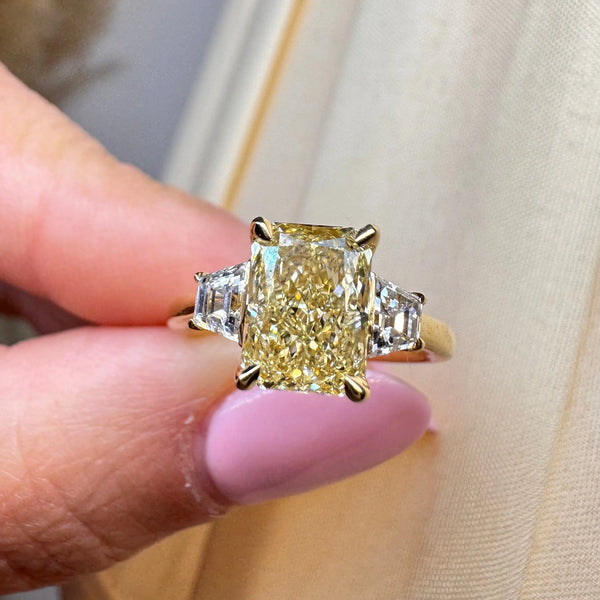 "Gloria" Radiant Cut Yellow Fancy 1.5 Carat Trilogy 18k Yellow Gold Engagement Ring HEERA DIAMONDS