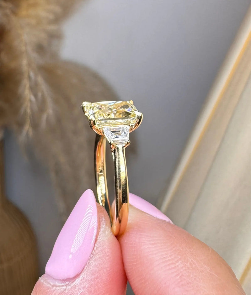 "Gloria" Radiant Cut Yellow Fancy 1.5 Carat Trilogy 18k Yellow Gold Engagement Ring HEERA DIAMONDS