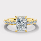 "Grace" Hidden Under Halo 4 Carat Elongated Radiant Cut Diamond Yellow Gold Engagement Ring