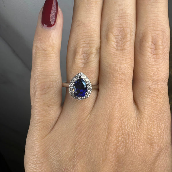 "Hailey" Pear Cut 3 Carat Halo Blue Sapphire Engagement Ring HAPS11S HEERA DIAMONDS