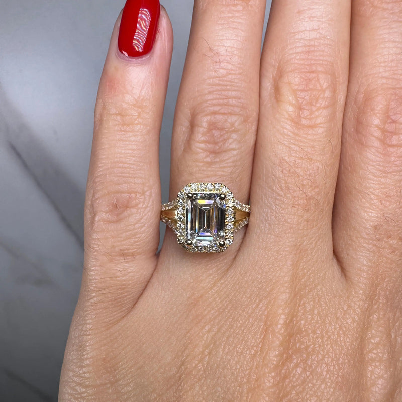 "Hazelena" Emerald Cut with Halo and Diamond Shoulder Engagement Ring HEERA DIAMONDS