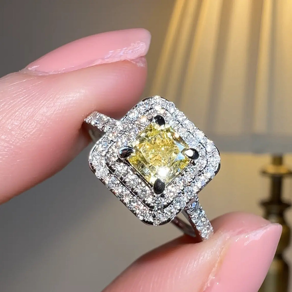 Holly Yellow Cushion Cut Halo Diamond Shoulder Engagement Ring