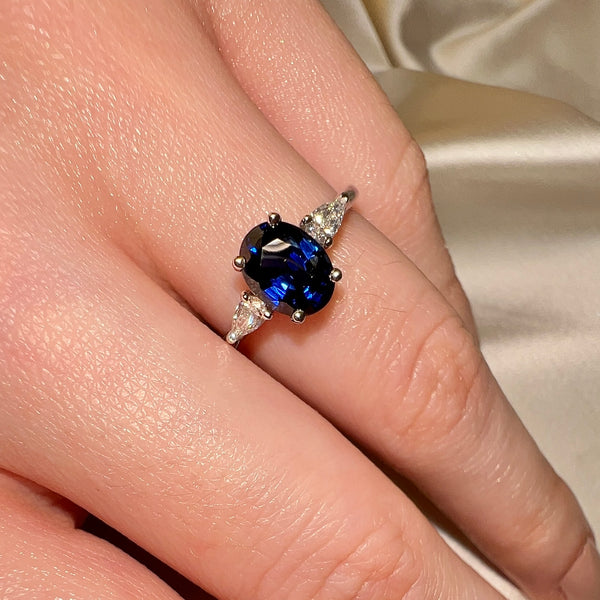 "Gwen" Trilogy 2 Carat Oval Cut Blue Sapphire Pear Shoulders Platinum Engagement Ring