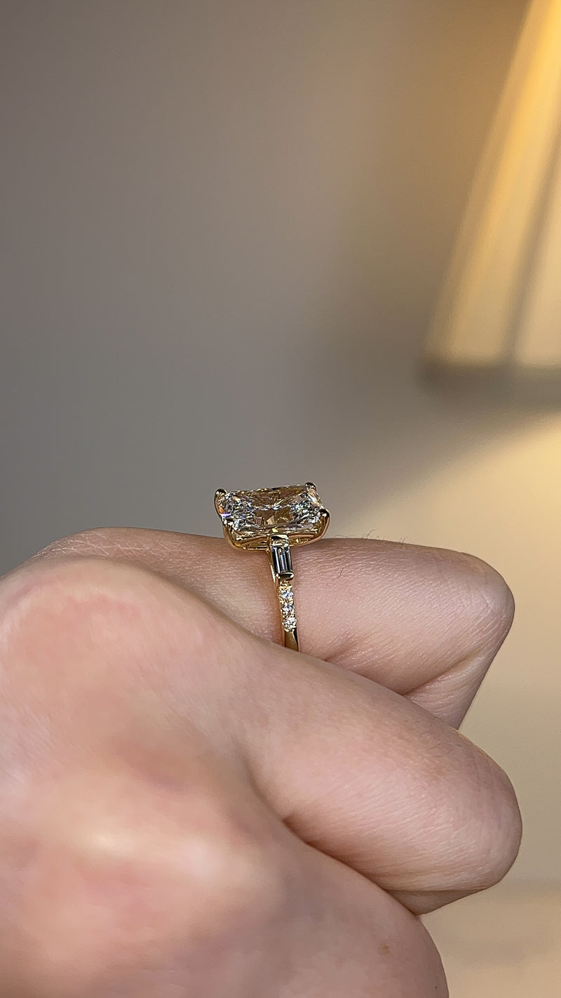 "Seline" Radiant Cut with Baguette Side Stone Trilogy Style Engagement Ring