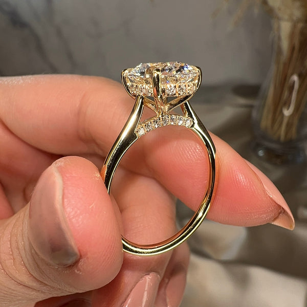 "Honor" Hidden Under Halo Oval Cut Diamond Engagement Ring