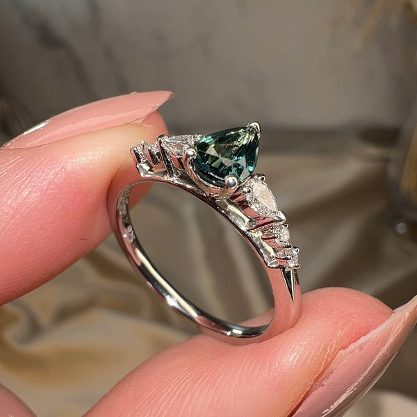 Alena Green Pear Cut Diamond Ring in 18k White Gold - HEERA DIAMONDS