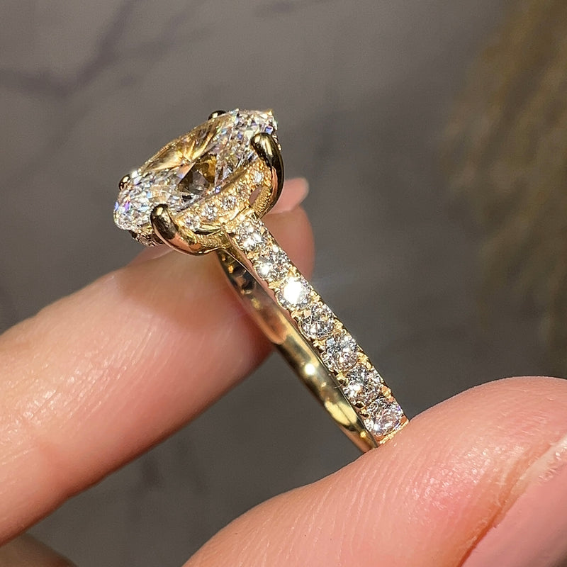 "Raquel" Hidden Under Halo Oval Cut Diamond Shoulders Engagement Ring - HEERA DIAMONDS