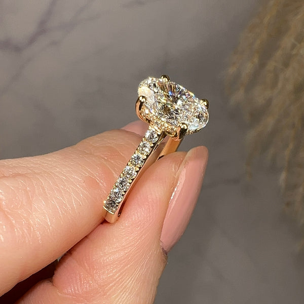 "Raquel" Hidden Under Halo Oval Cut Diamond Shoulders Engagement Ring - HEERA DIAMONDS