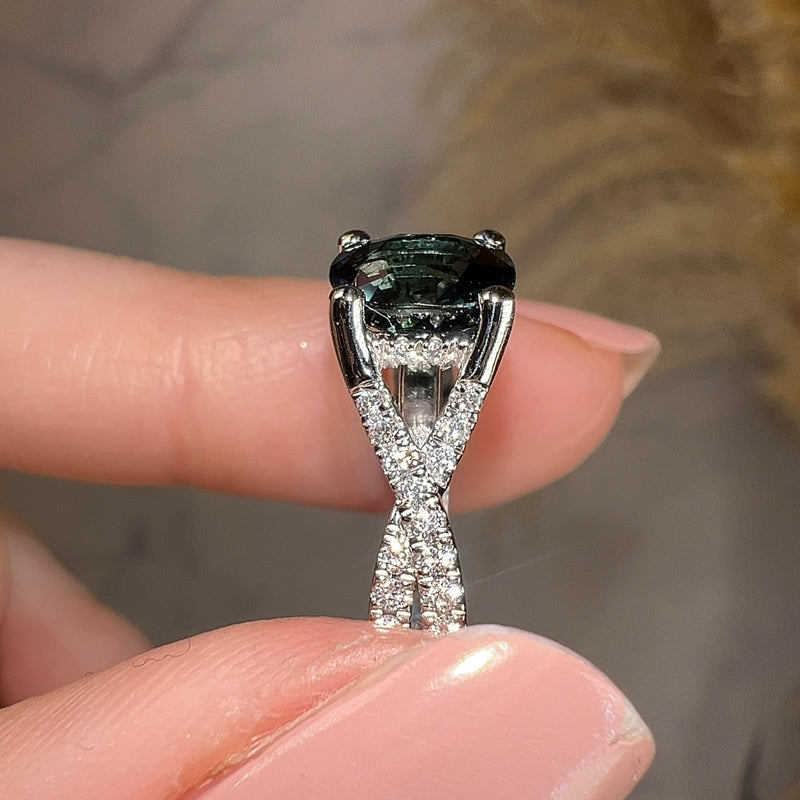 "River" Green Cushion Cut Crossover Diamond Shoulders Engagement Ring - HEERA DIAMONDS