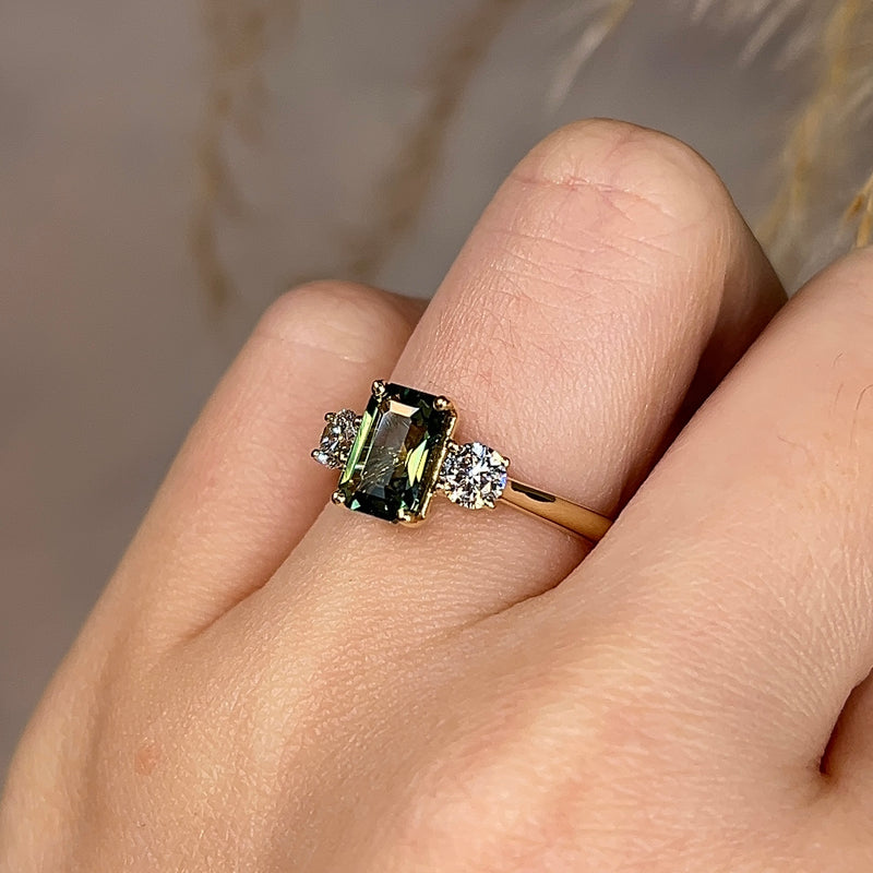 "Sage" 1.650ct Emerald Cut Green Sapphire with Round Cut Diamond Engagement Ring - HEERA DIAMONDS
