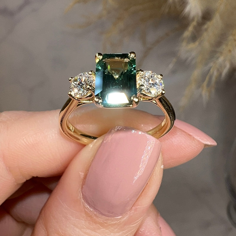 "Sage" 1.650ct Emerald Cut Green Sapphire with Round Cut Diamond Engagement Ring - HEERA DIAMONDS