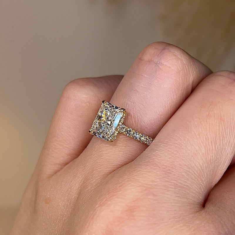 "Grace" Hidden Under Halo 4 Carat Elongated Cushion Cut Diamond Yellow Gold Engagement Ring - HEERA DIAMONDS