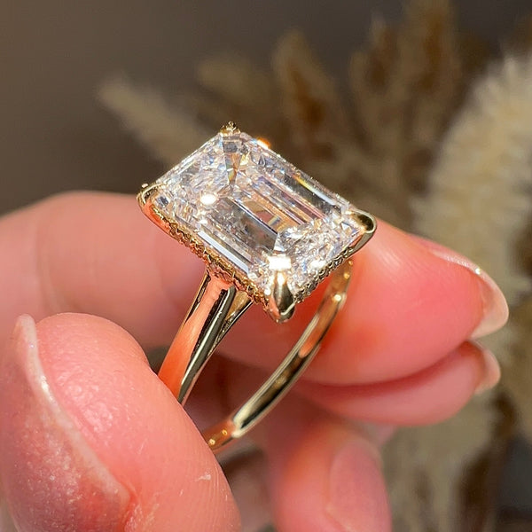 "Dream" 4 Carat Hidden Under Halo Emerald Cut Yellow Gold Engagement Ring