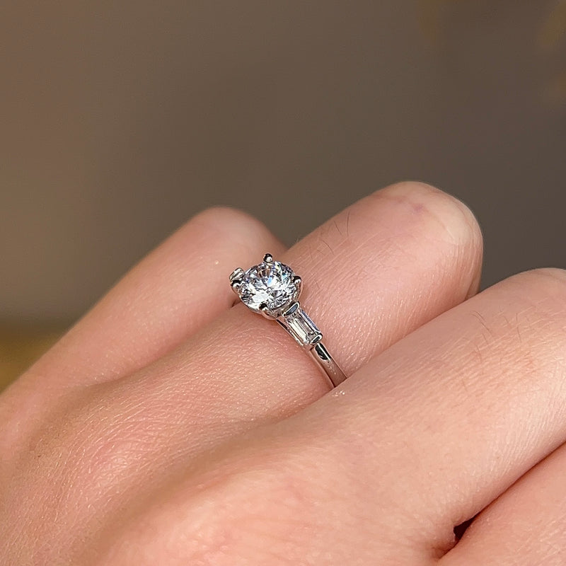 "Amelia" Three Stone Round Brilliant Cut with Emerald Cut Diamond Trilogy Engagement Ring 3SRB54 - HEERA DIAMONDS