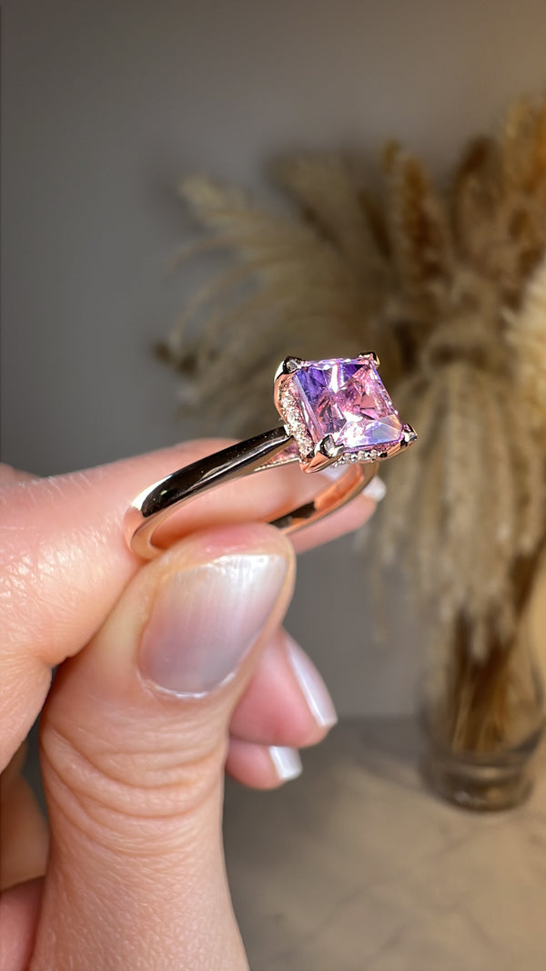 "Julie" Princess Cut Amethyst Under Halo Engagement Ring