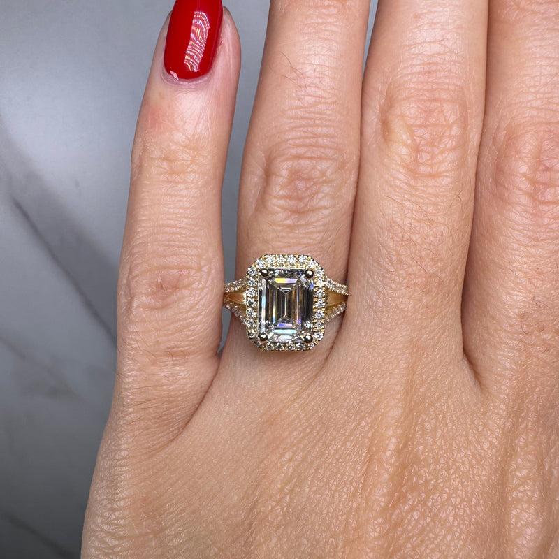 "Hazelena" Emerald Cut with Halo and Diamond Shoulder Engagement Ring