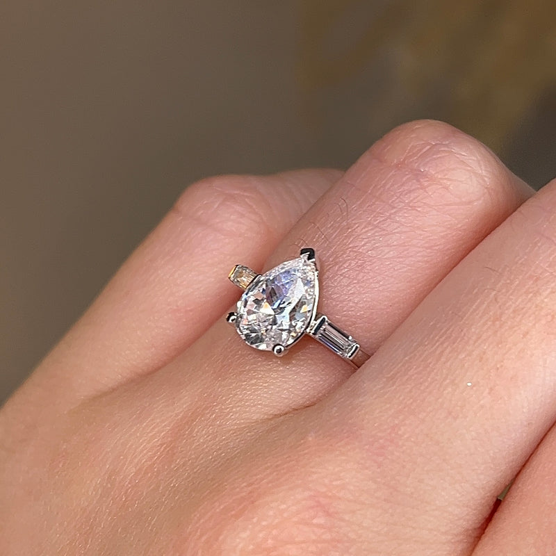 "Rosalie" Three Stone Pear Cut with Emerald Cut Diamond Trilogy Engagement Ring 3SPS03 - HEERA DIAMONDS