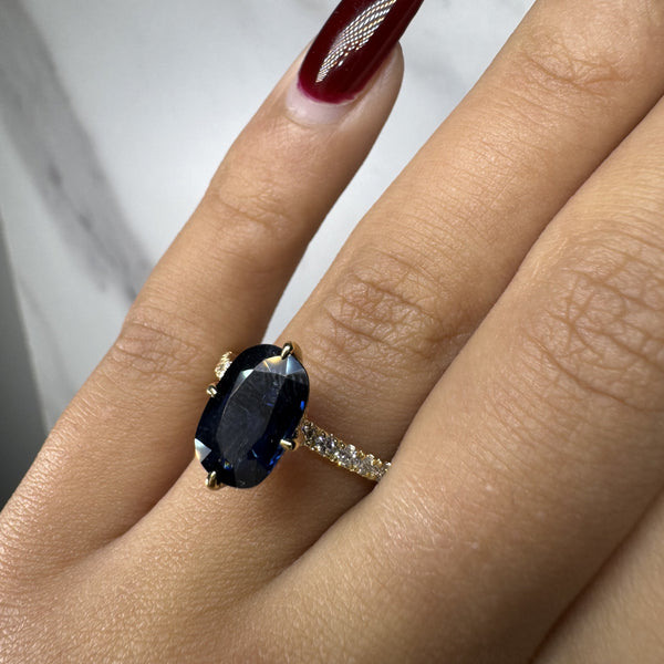 "Dory" Blue Sapphire 4 Carat Under Halo Diamond Shoulder Gemstone Ring