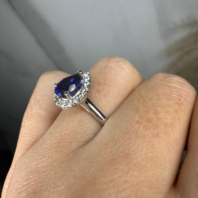 "Hailey" Pear Cut 3 Carat Halo Blue Sapphire Engagement Ring HAPS11S