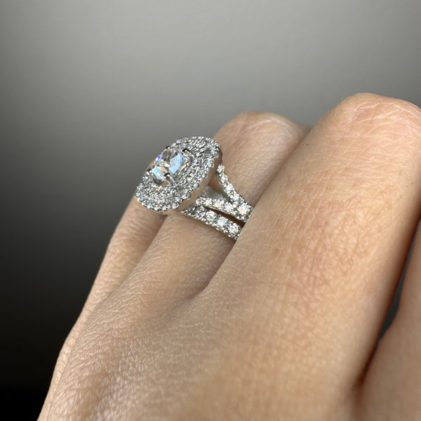 "Nassey" Cushion Cut Halo and Diamond Shoulder Matching Set Engagement Ring