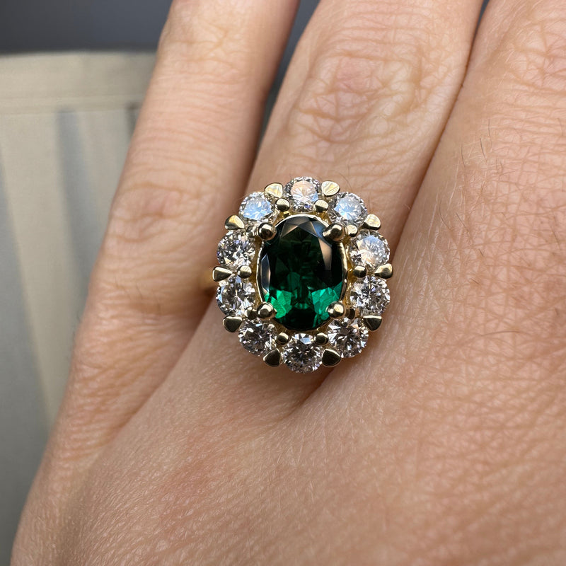 "Jass" Oval Cut Halo 2.5 Carat Emerald Yellow Gold Engagement Ring